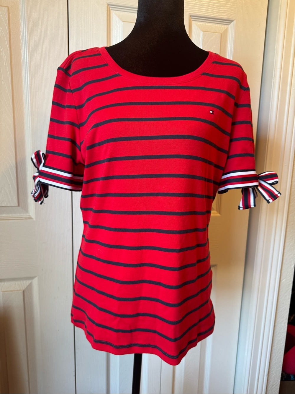 Tommy Hilfiger Red Tee with Navy Stripes and Tie Sleeves